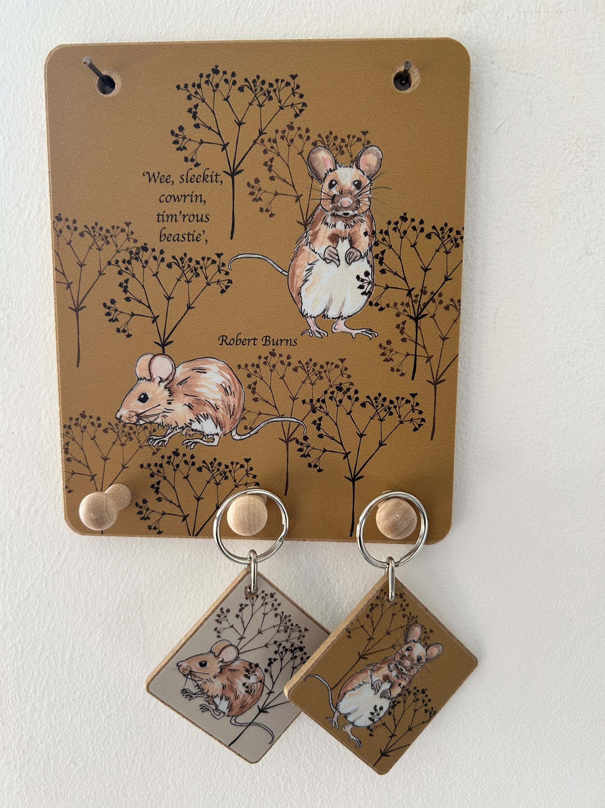 Mouse design in  Bronze, 3 peg hook with matching  mice key rings 