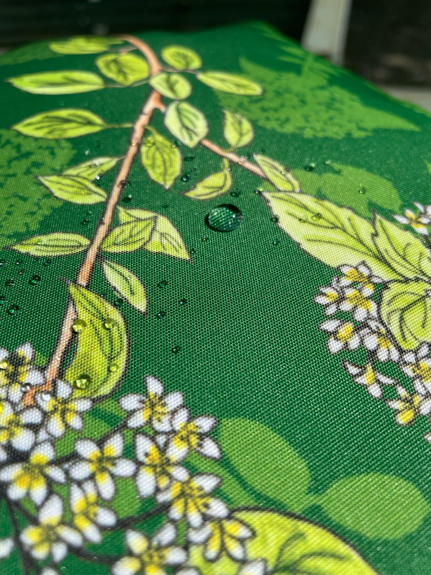 Outdoor Cushion, water repellent in original Viburnum Quince illustrated Design