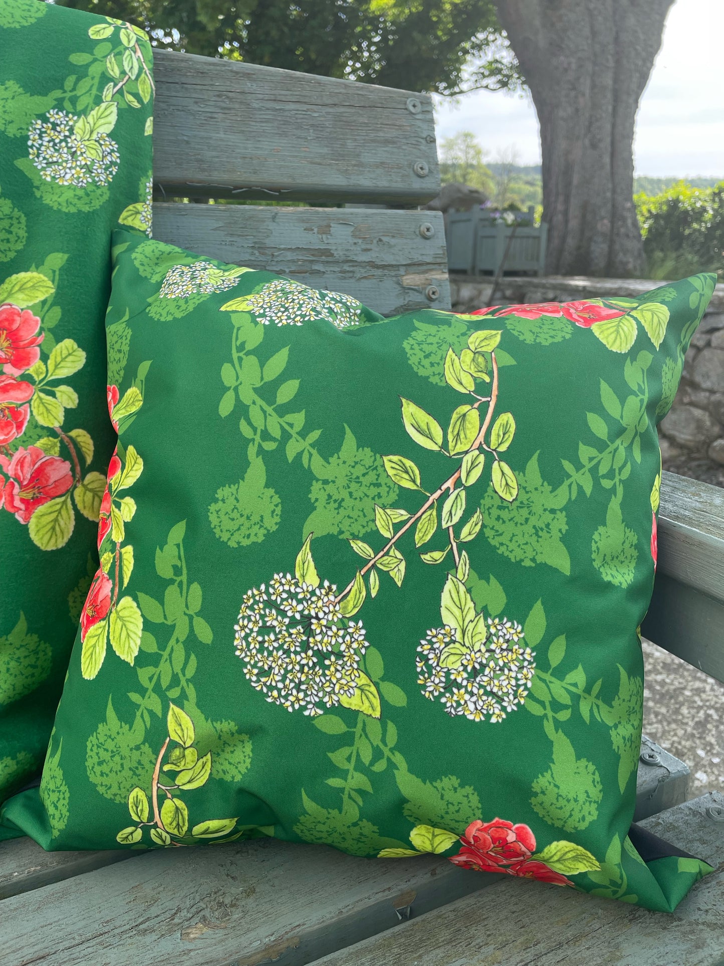 Outdoor Cushion, water repellent in original Viburnum Quince illustrated Design