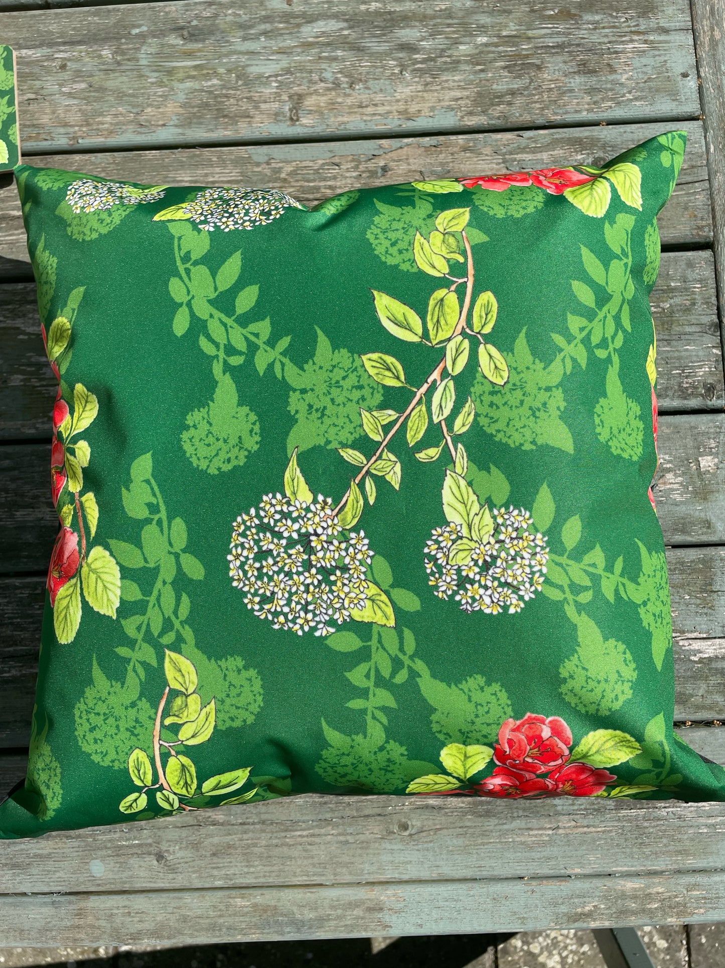 Outdoor Cushion, water repellent in original Viburnum Quince illustrated Design