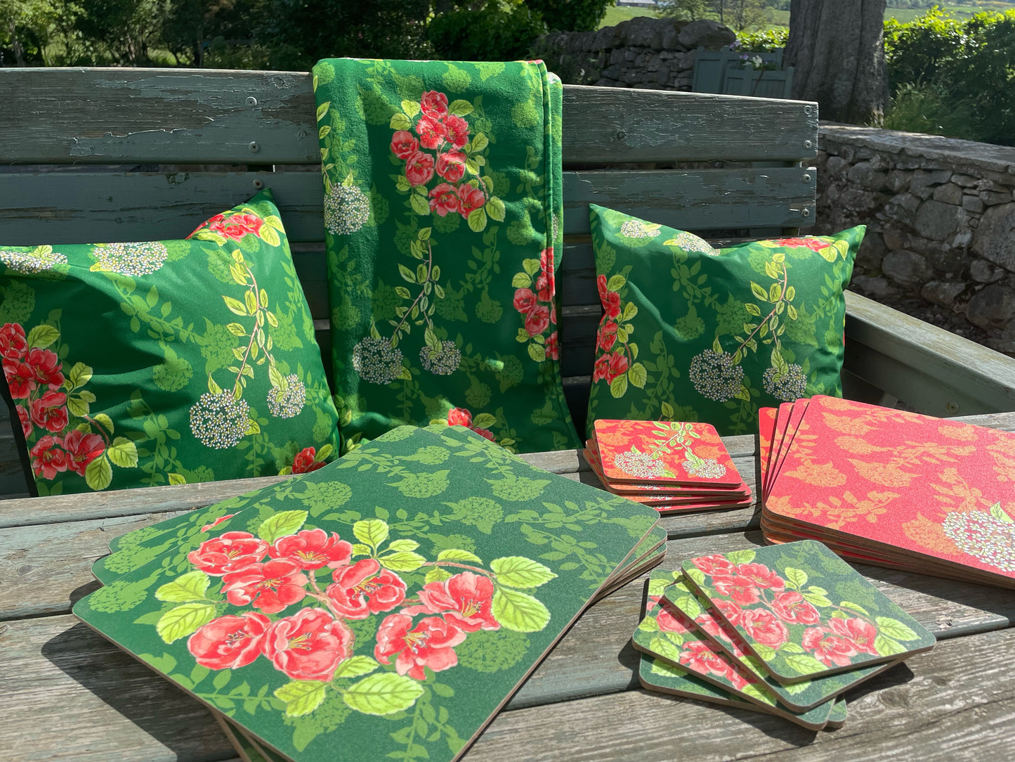 Outdoor Cushion, water repellent in original Viburnum Quince illustrated Design