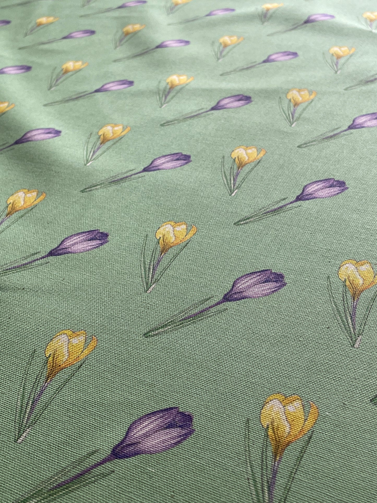 Crocus design in place green, printed on organic panama cotton