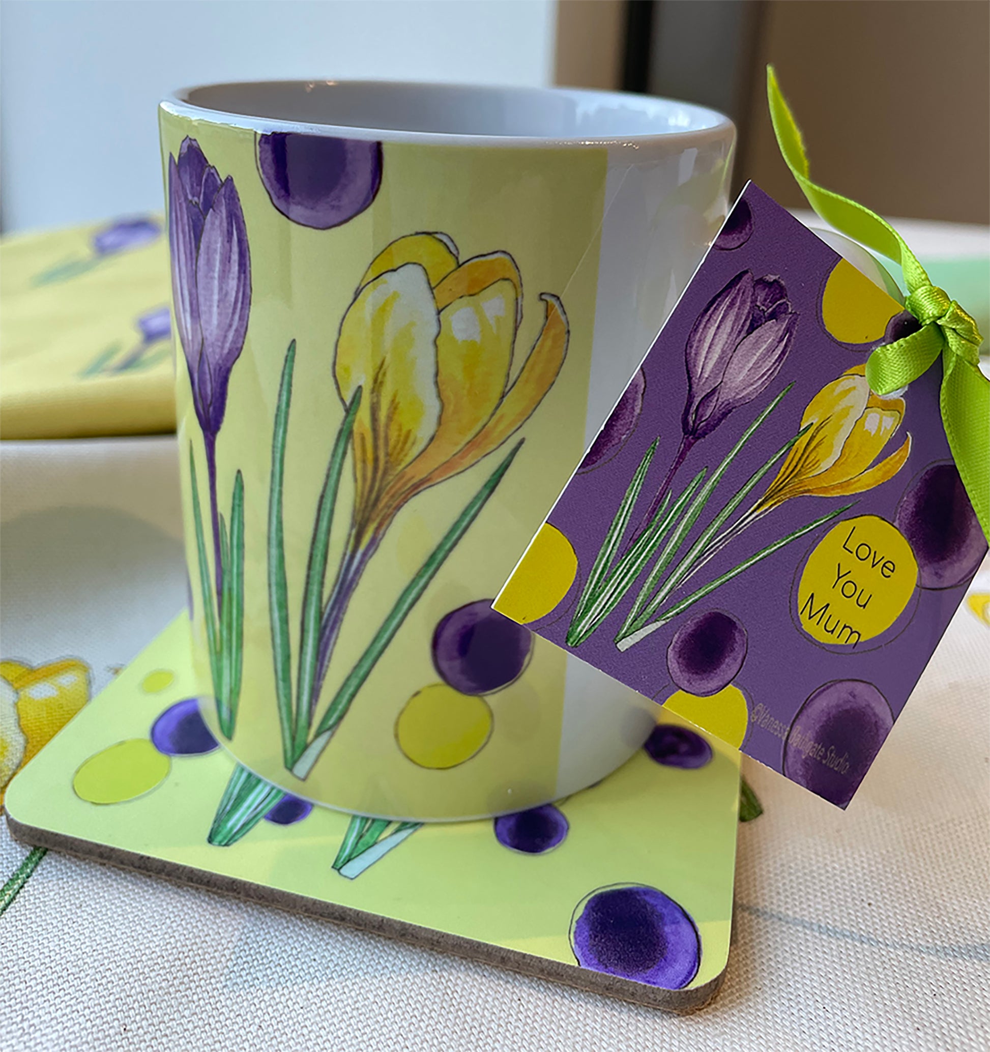 Yellow ceramic mug with Crocus design illustration aon matching coaster with purple love you mum gift tag